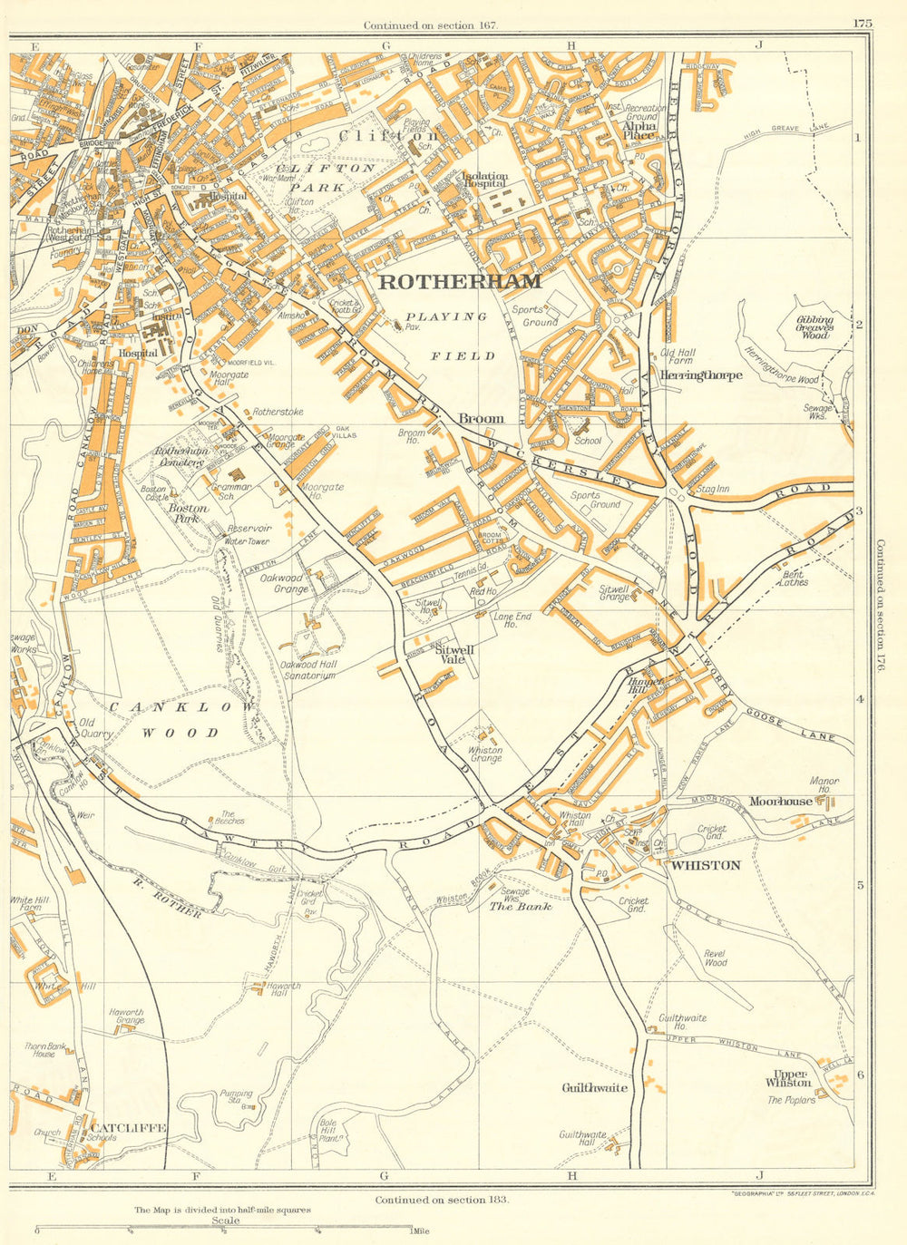 ROTHERHAM Canklow Whiston Catcliffe Herringthorpe Clifton Moorgate 1935 map