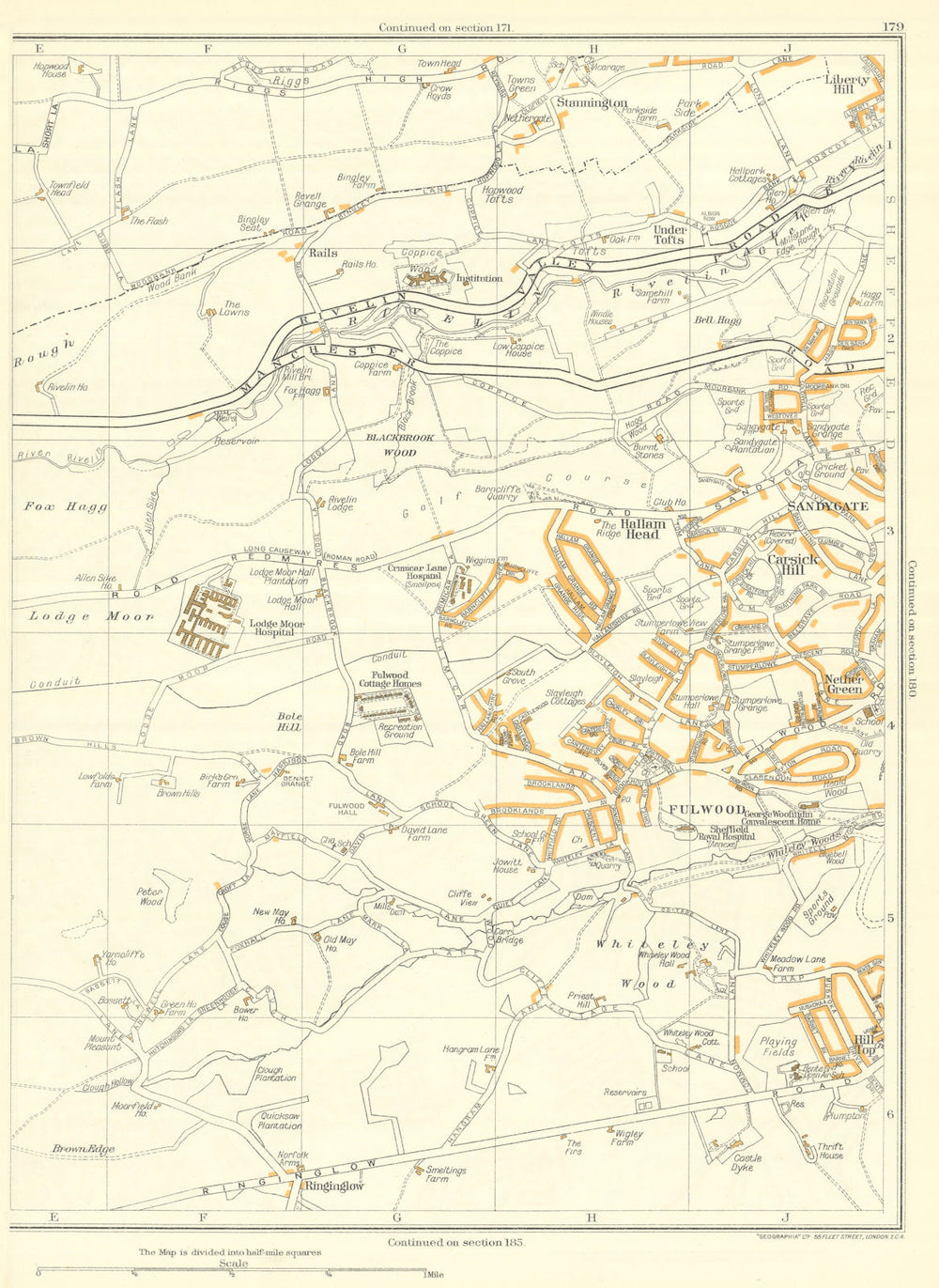 SHEFFIELD Fulwood Sandygate Under Tofts Ranmoor Whiteley Wood 1935 old map