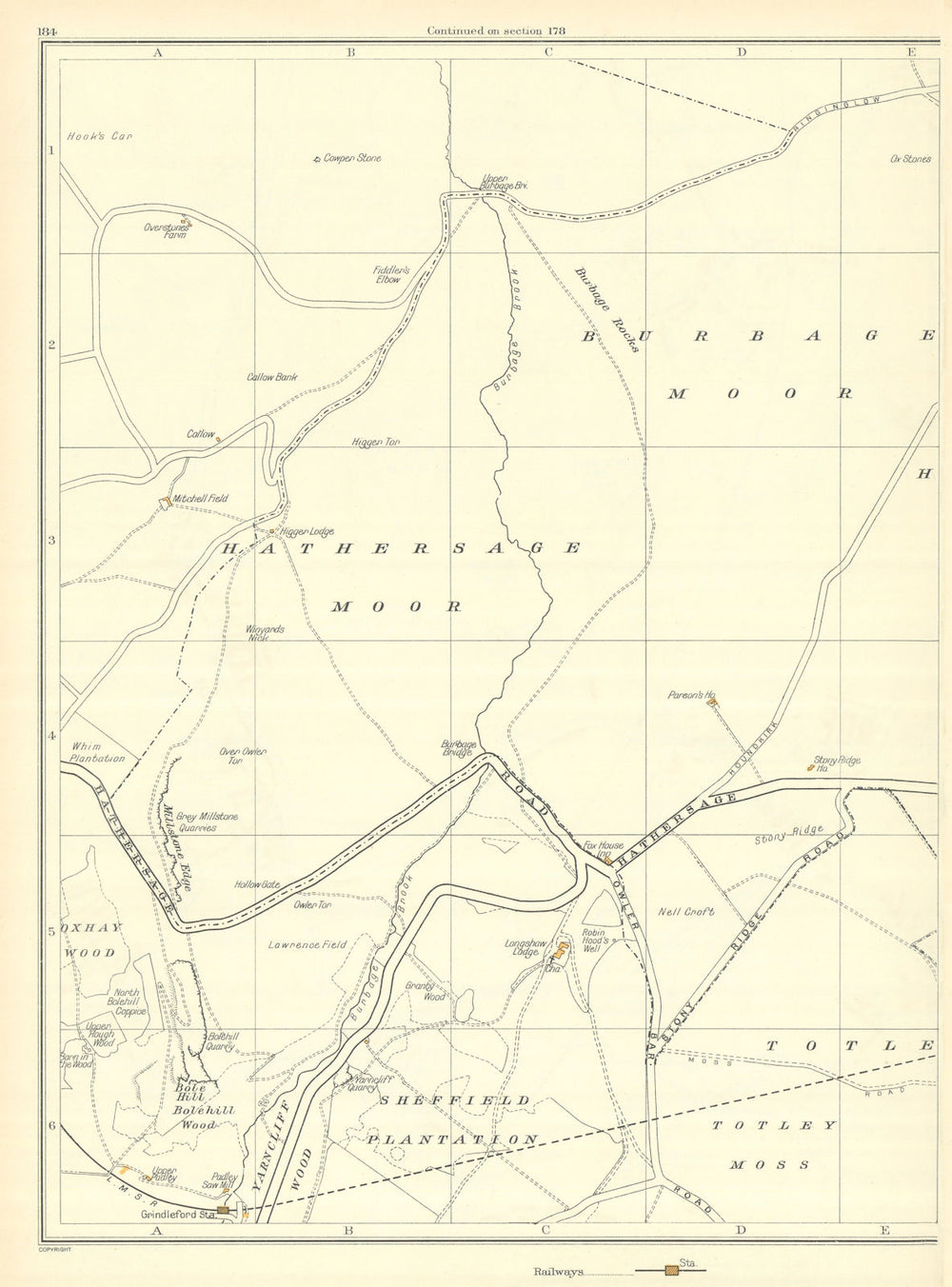 YORKSHIRE Grindleford Burbage Hathersage Moors Upper Padley Oxhay Wood 1935 map