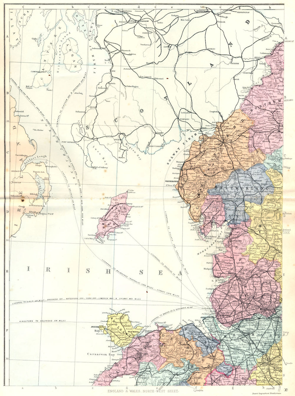 ENGLAND & WALES NW. Lancashire North Wales  Cumbria Isle of Man. Bacon 1895 map