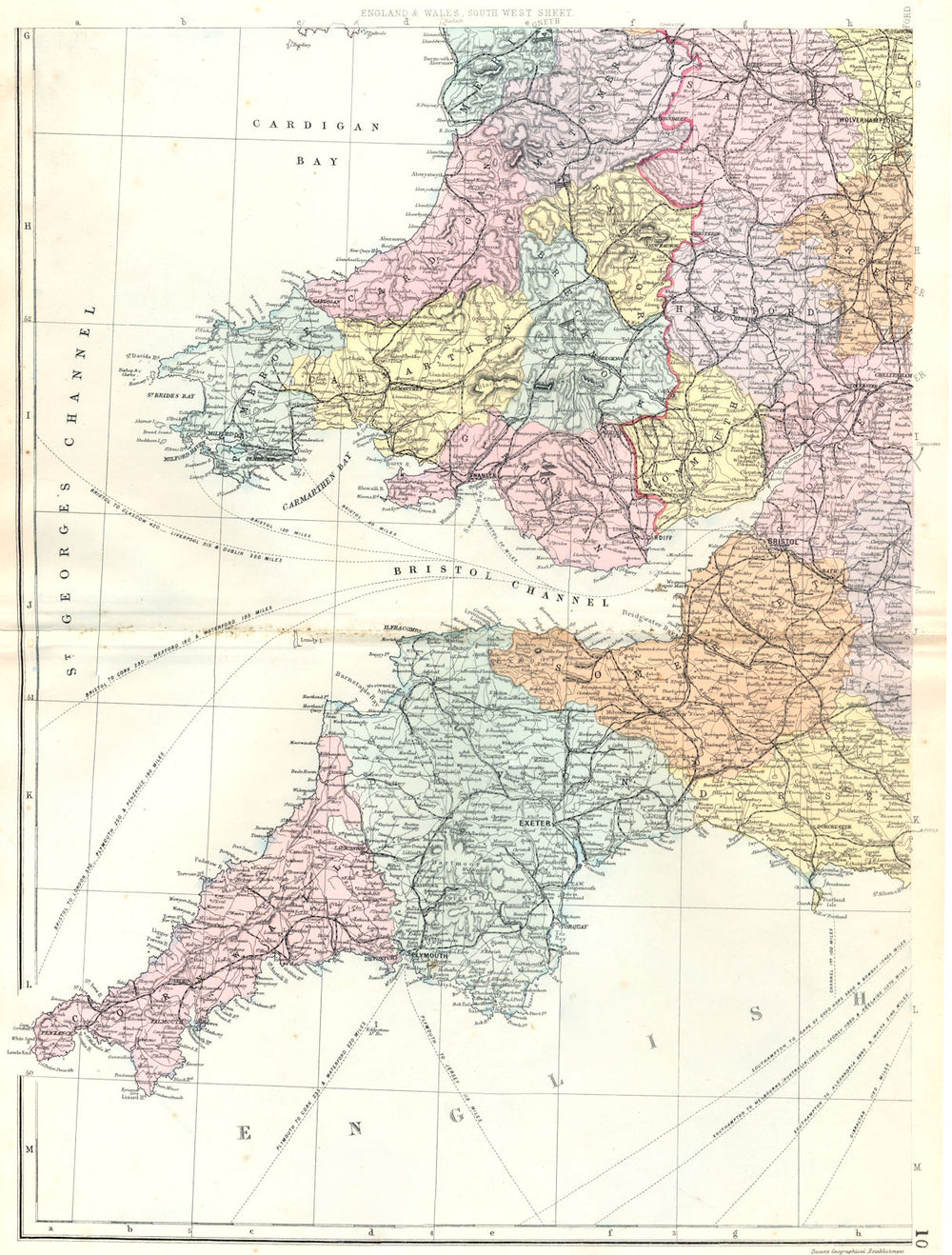 SOUTH WALES & SOUTH WEST ENGLAND. Devon Cornwall Somerset. Bacon 1895 old map