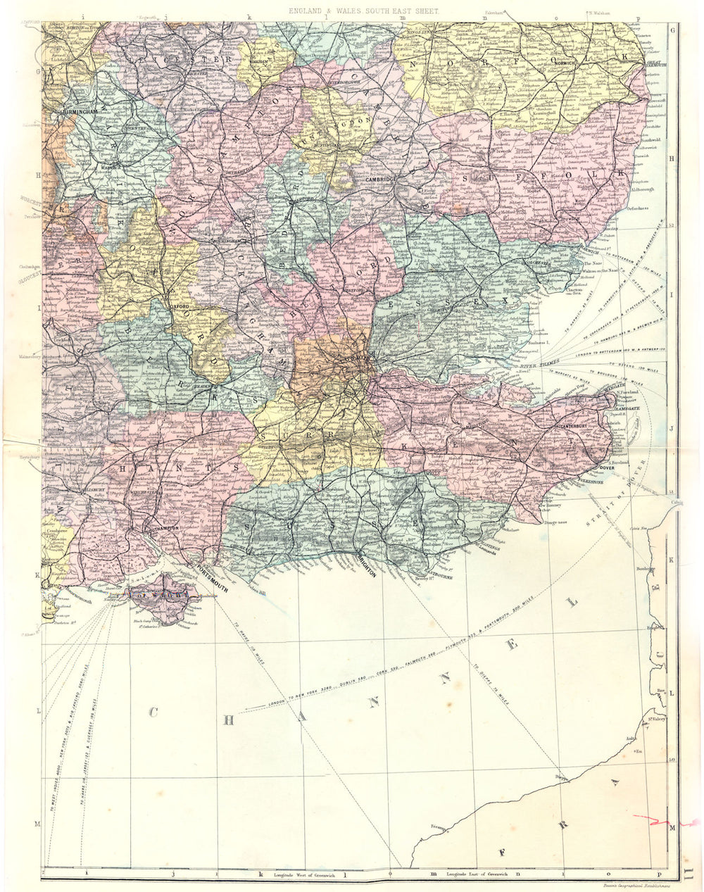 SOUTH EAST ENGLAND. South East sheet. Bacon 1895 old antique map plan chart
