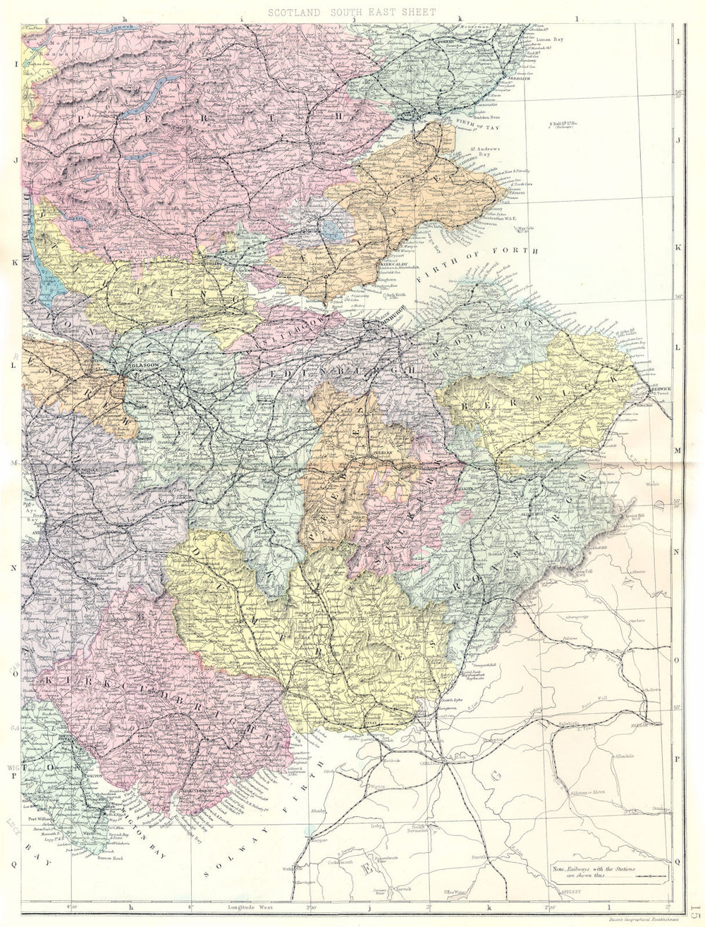 SCOTLAND South East.Firth of Forth Tay Edinburgh Glasgow Borders.Bacon 1895 map