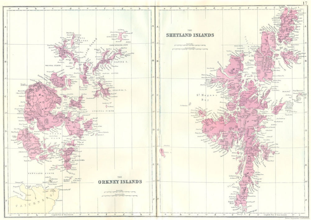 SCOTLAND. The Orkney Islands; The Shetland Islands. Bacon 1895 old antique map