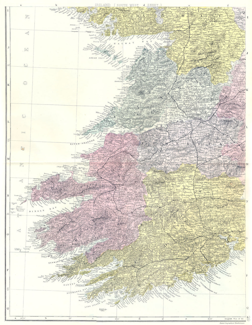 IRELAND South West. MUNSTER. Clare Limerick Cork Kerry. Bacon 1895 old map