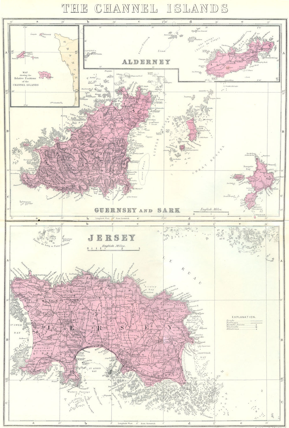 CHANNEL ISLANDS. Alderney; Guernsey and Sark; Jersey. Bacon 1895 old map