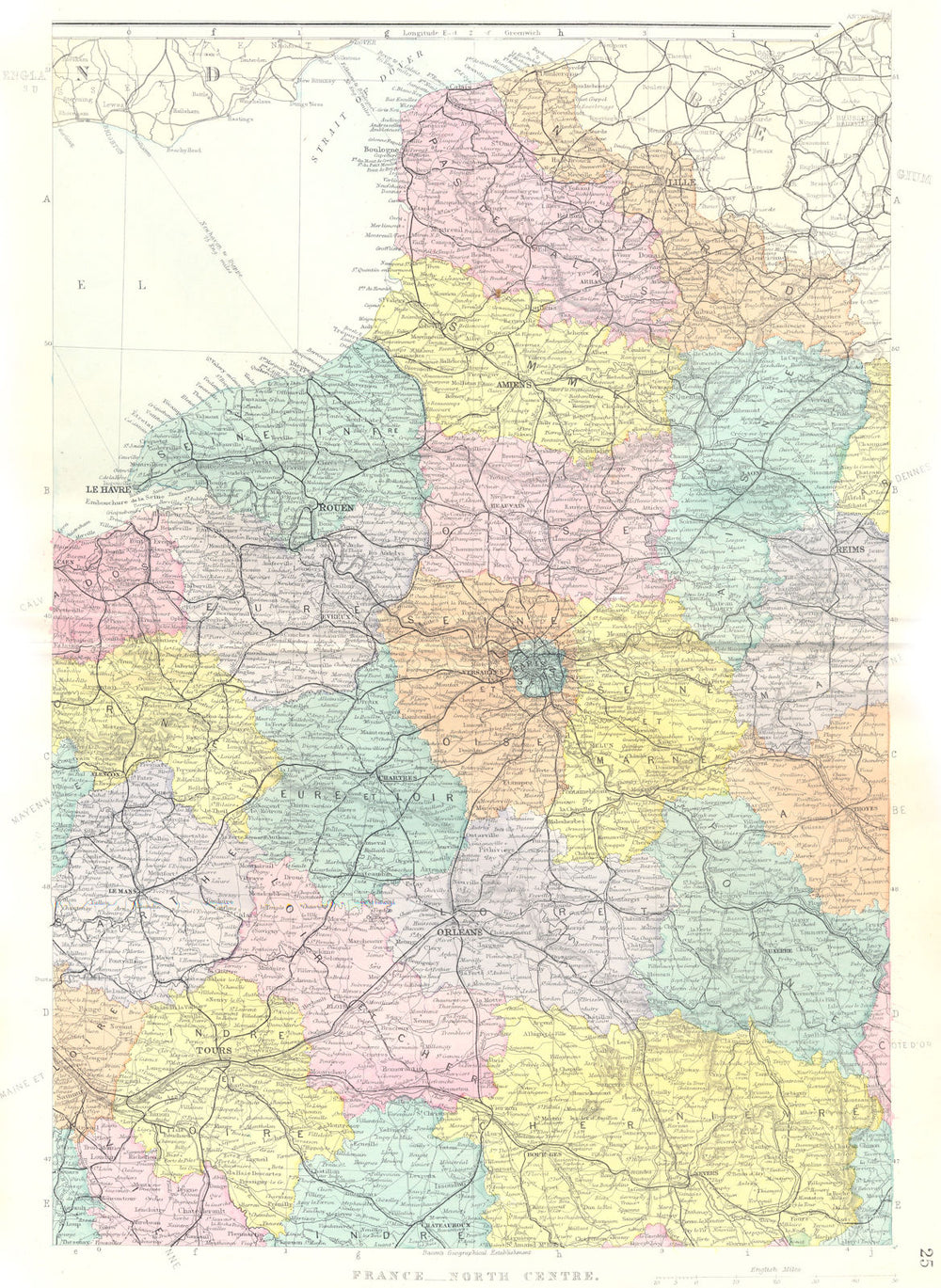 FRANCE North Centre. Normandy Picardy Calais Paris Ardennes. Bacon 1895 map