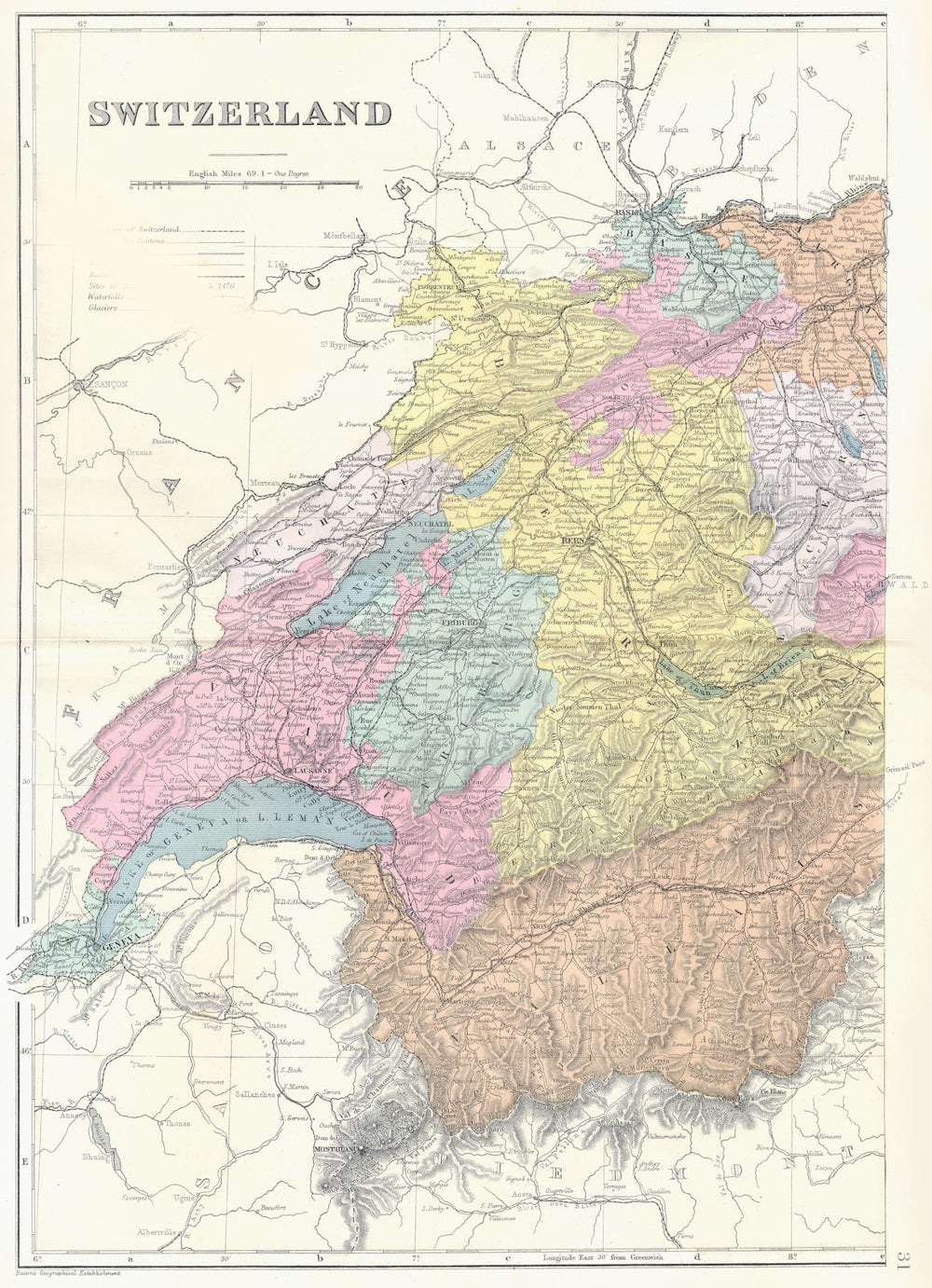 SWITZERLAND. West Sheet. Bacon 1895 old antique vintage map plan chart