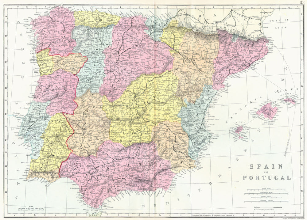 IBERIA. Spain and Portugal. Bacon 1895 old antique vintage map plan chart