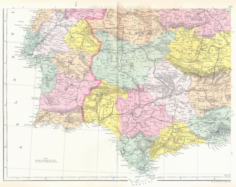 IBERIA SW.Spain Portugal.Extremadura Andalucia Castile La Mancha.Bacon 1895 map