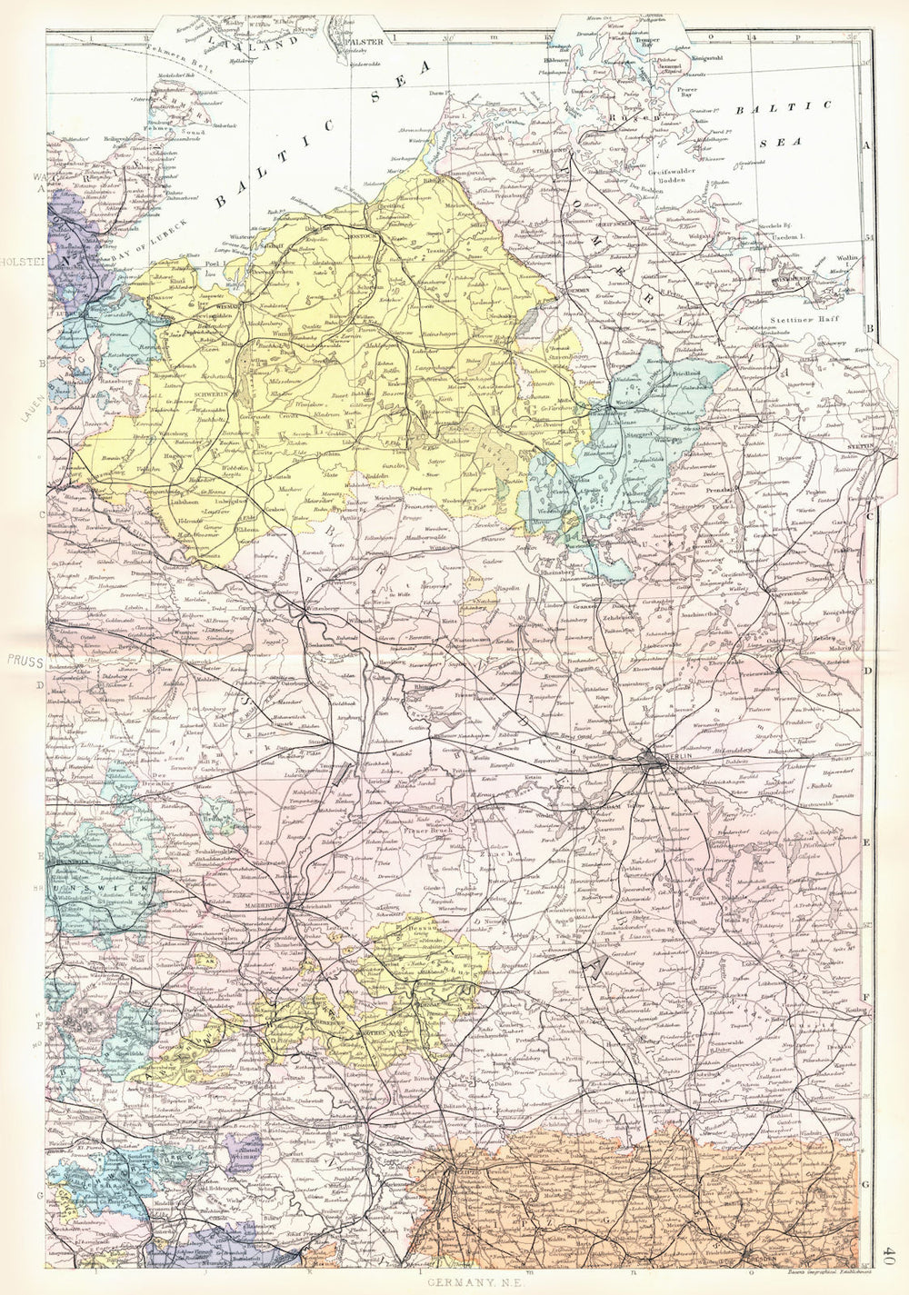 German Empire N.Prussia Pomerania Mecklenburg Brandenburg Berlin.Bacon 1895 map