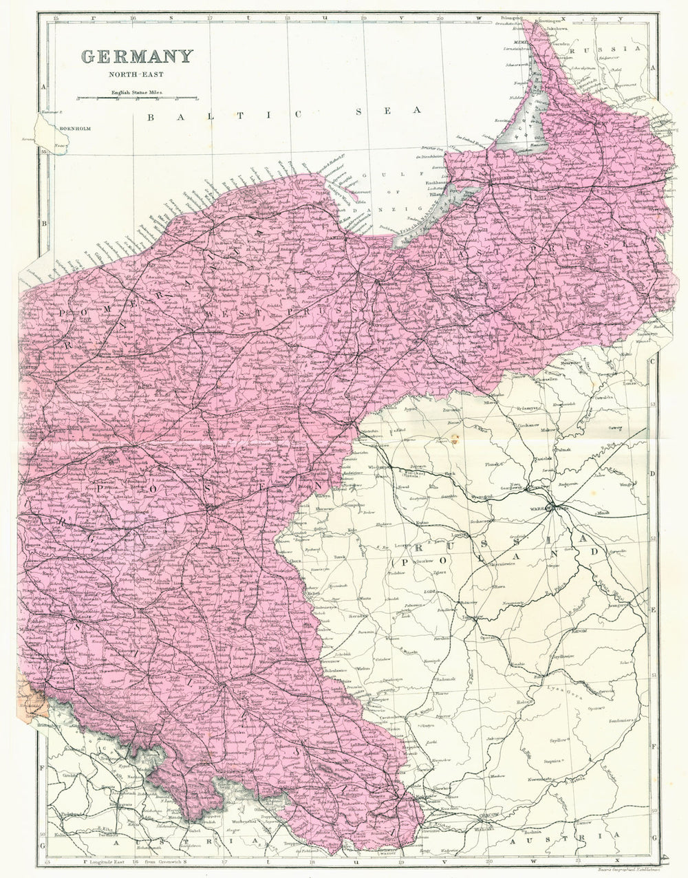 GERMANY POLAND.German Empire NE.Prussia Pomerania Posen Silesia. Bacon 1895 map