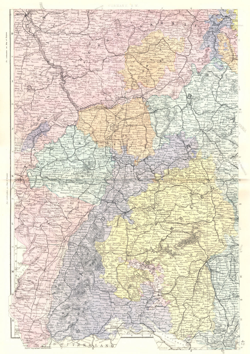GERMANY. German Empire SW. Baden Wurtemburg Hesse Nassau Alsace. Bacon 1895 map