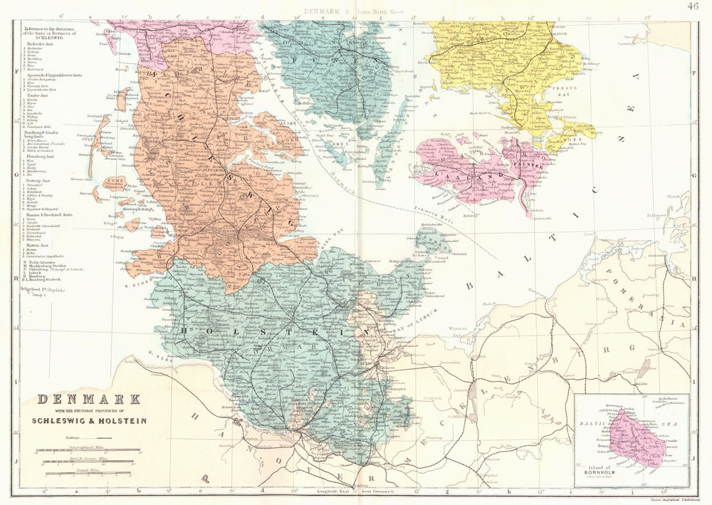 DENMARK.South.Schleswig Holstein Bornholm Funen Laaland. Bacon 1895 old map