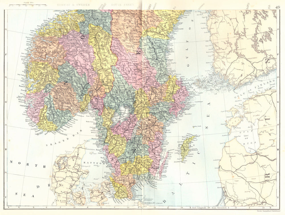 SCANDINAVIA. Norway and Sweden South sheet. Bacon 1895 old antique map chart