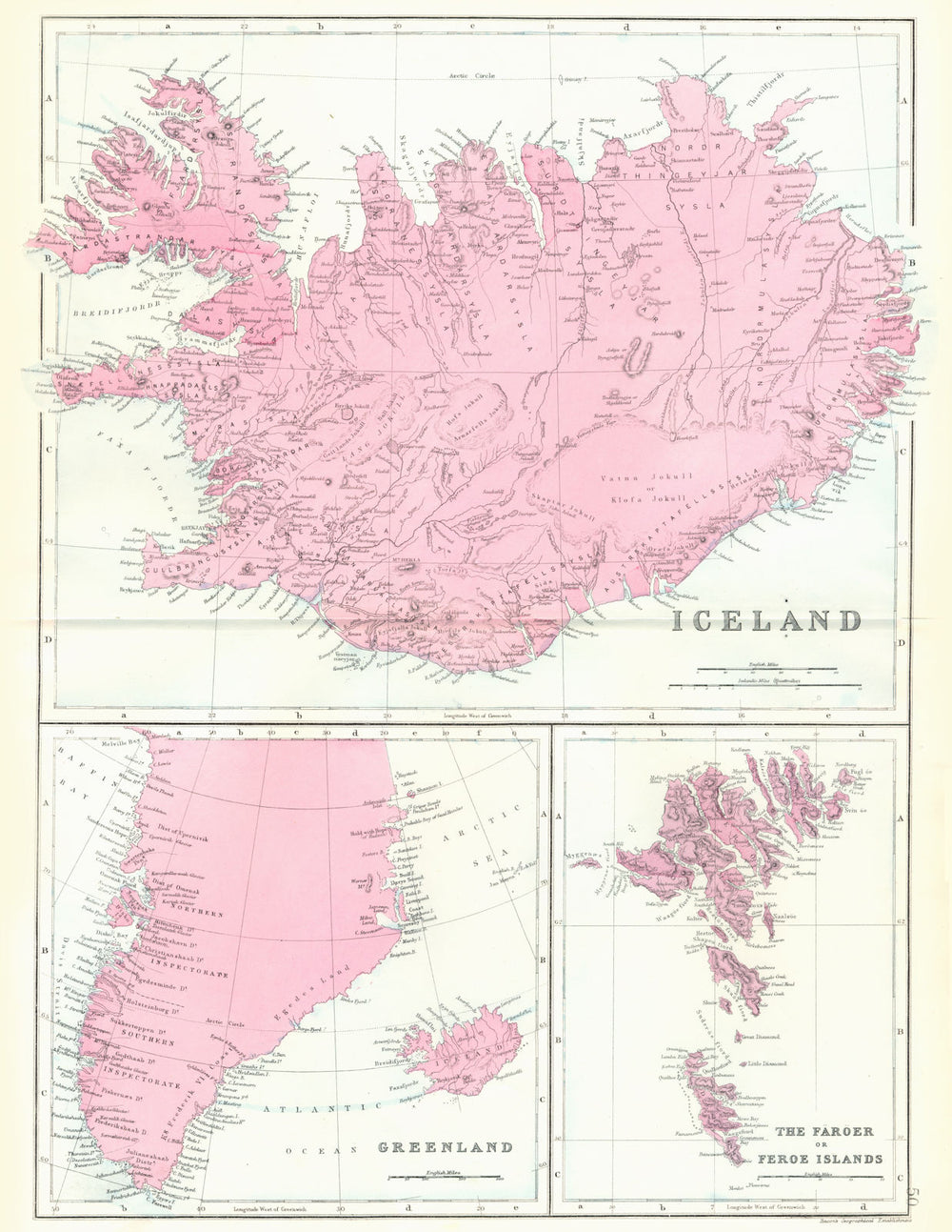ICELAND. Iceland;  Greenland; Faroe Faroer Feroe Islands. Bacon 1895 old map