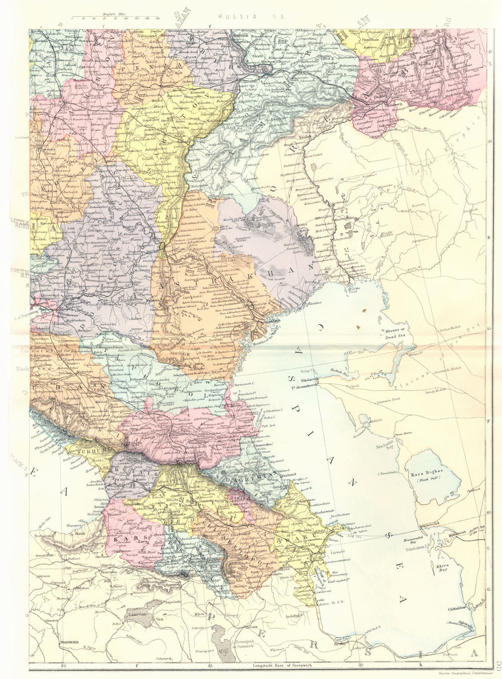 RUSSIA GEORGIA AZERBAIJAN. Russia S E. Caucasus. Bacon 1895 old antique map