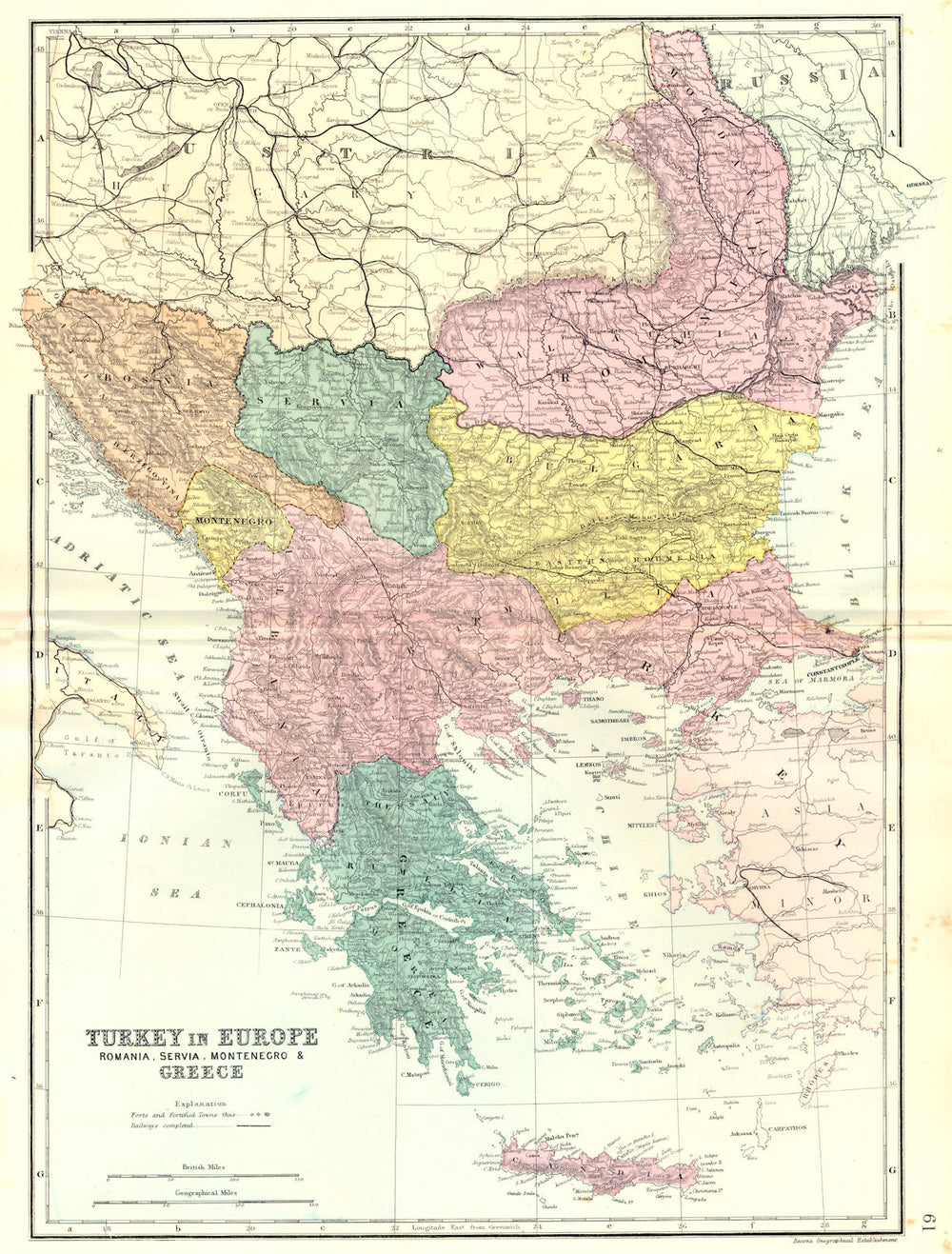 BALKANS & GREECE. Turkey in Europe Romania Serbia Montenegro. Bacon 1895 map