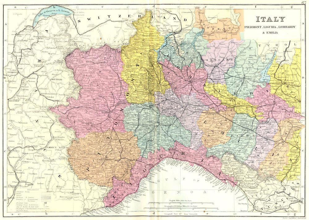 ITALY NORTH WEST. Piedmont,Liguria,Lombardy & Emilia. Bacon 1895 old map