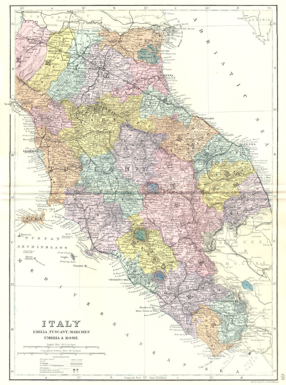 ITALY CENTRAL. Emilia,Tuscany,Marches Umbria & Rome. Bacon 1895 old map