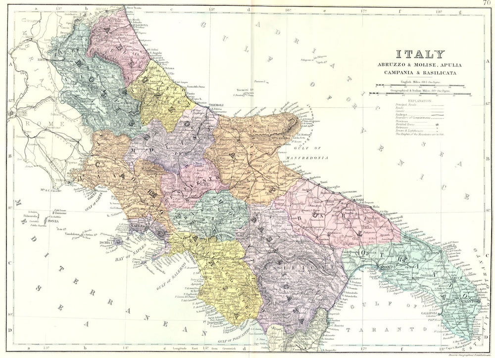 ITALY SOUTH EAST. Abruzzo & Molise,Apulia Campania & Basilicata. Bacon 1895 map
