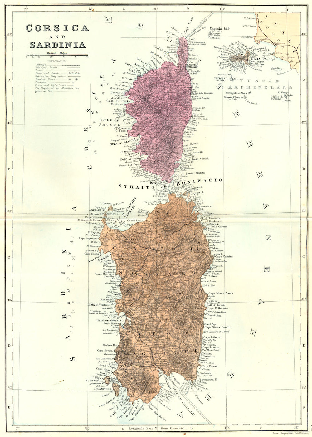 CORSICA SARDINIA. Elba. France Italy. Bacon 1895 old antique map plan chart