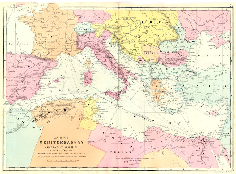 MEDITERRANEAN. telegraph cables steamship routes. Mercator. Bacon 1895 old map