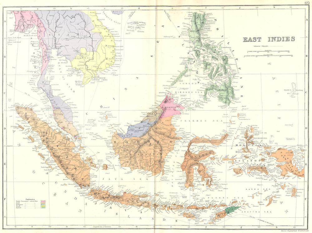 EAST INDIES. Philippines Indonesia Malaysia Thailand Cambodia. Bacon 1895 map