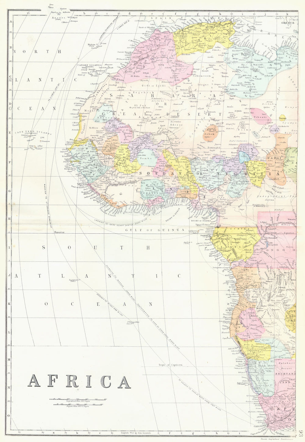 AFRICA West sheet. Showing steamship routes. Bacon 1895 old antique map chart
