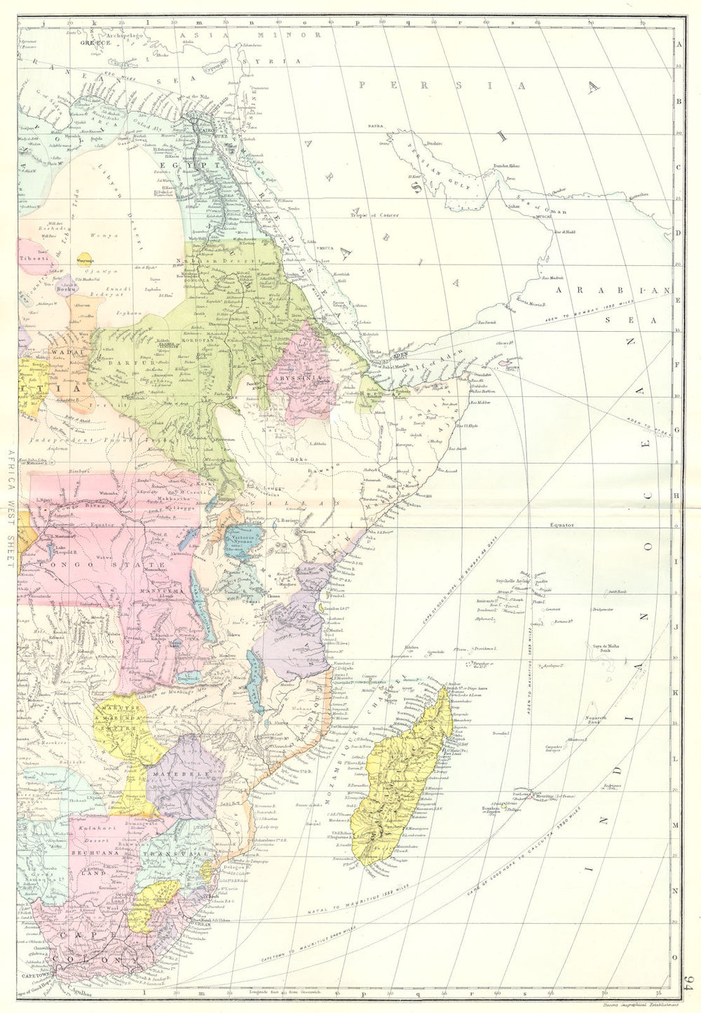 AFRICA East sheet..showing steamship routes. Bacon 1895 old antique map chart
