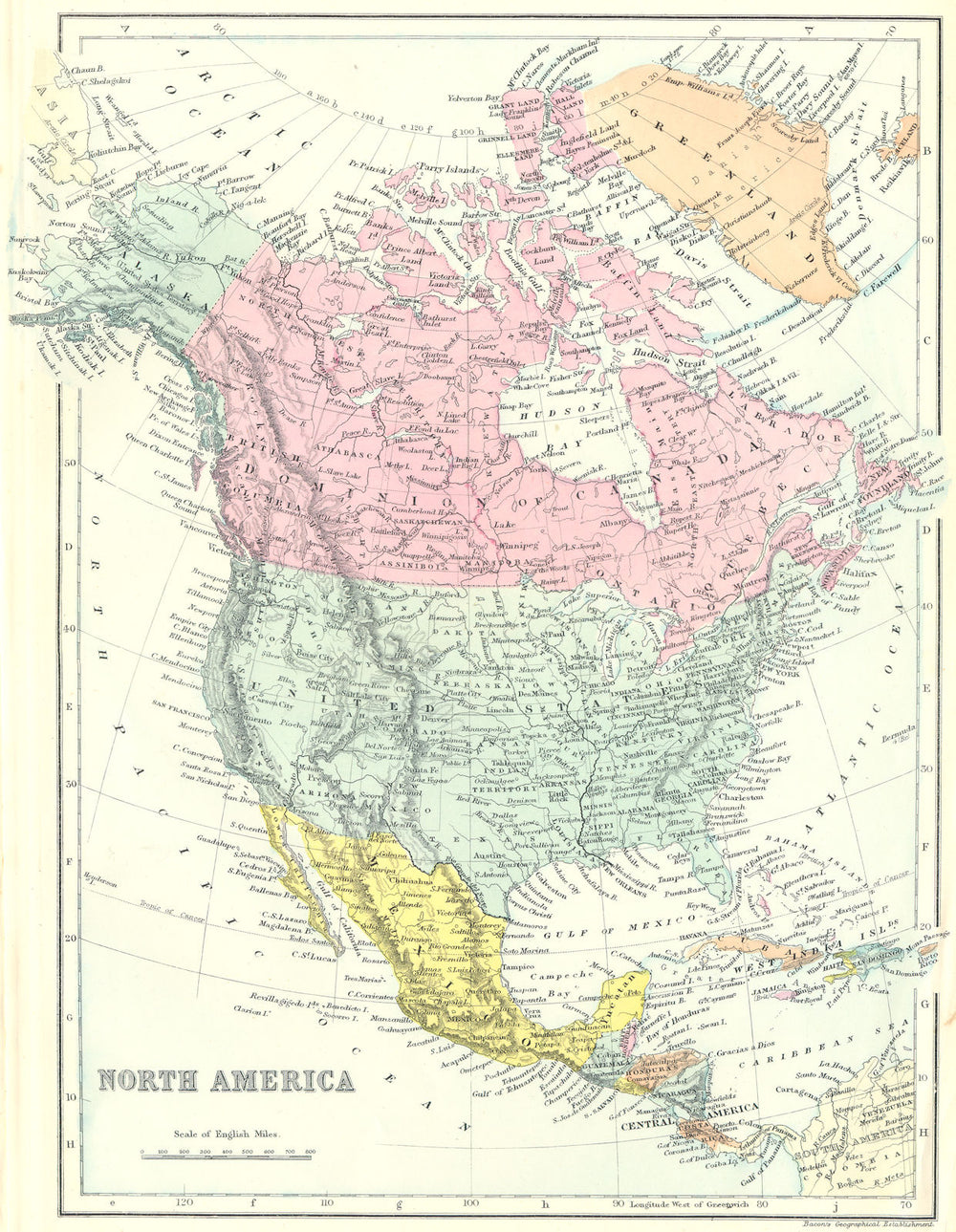 NORTH AMERICA. Canada USA Mexico central America West Indies. Bacon 1895 map