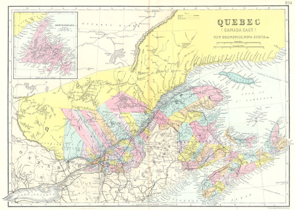 CANADA East. QUEBEC New Brunswick Nova Scotia Newfoundland . Bacon 1895 map