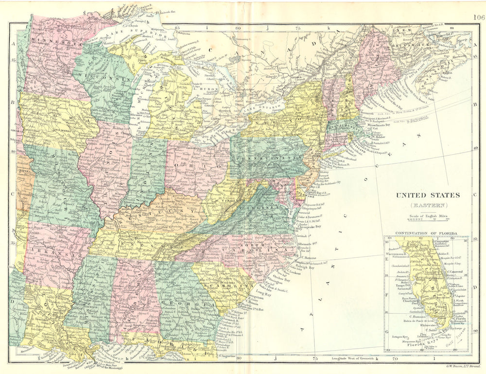 USA. United States(Eastern). Bacon 1895 old antique vintage map plan chart