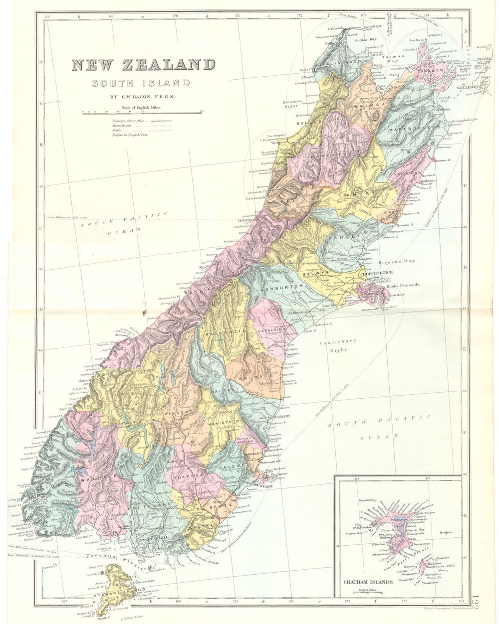 NEW ZEALAND. New Zealand South Island; Inset map of Chatham Islands. Bacon 1895