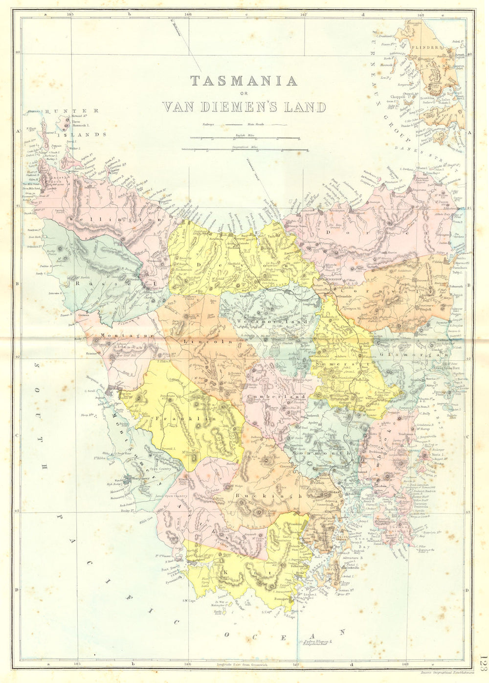 AUSTRALIA. Tasmania or Van Diemen's Land. Bacon 1895 old antique map chart