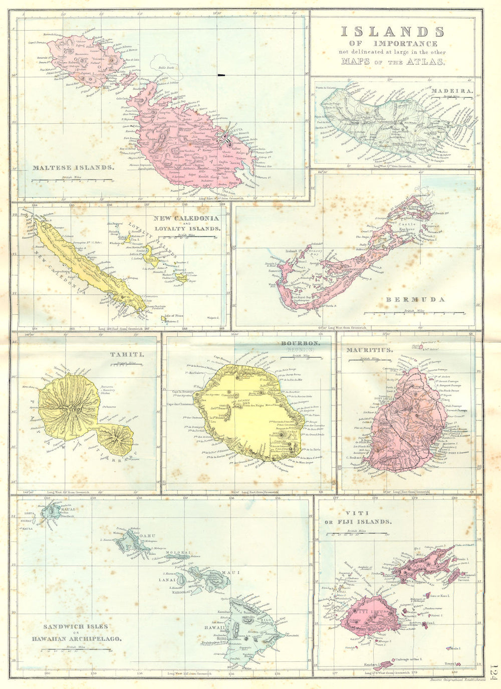 ISLANDS. Malta Madeira Bermuda Tahiti Reunion Mauritius Hawaii Fiji 1895 map