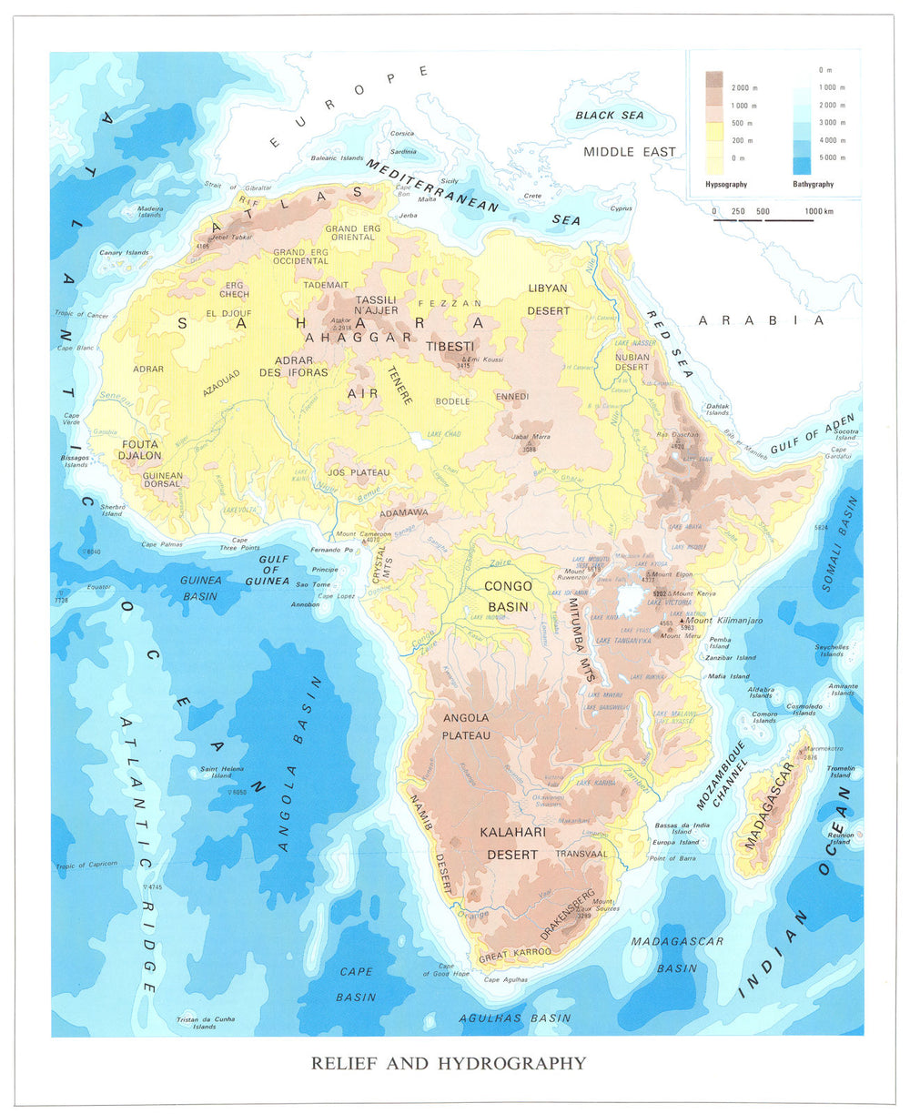 AFRICA. Relief and hydrography 1973 old vintage map plan chart