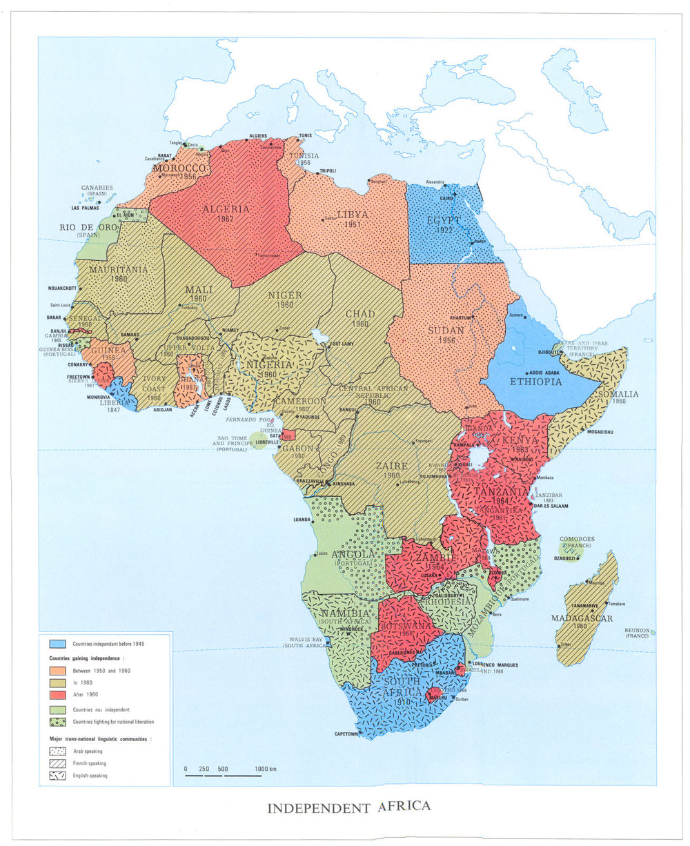 AFRICA. Independent Africa. Showing year of independence. Linguistic 1973 map