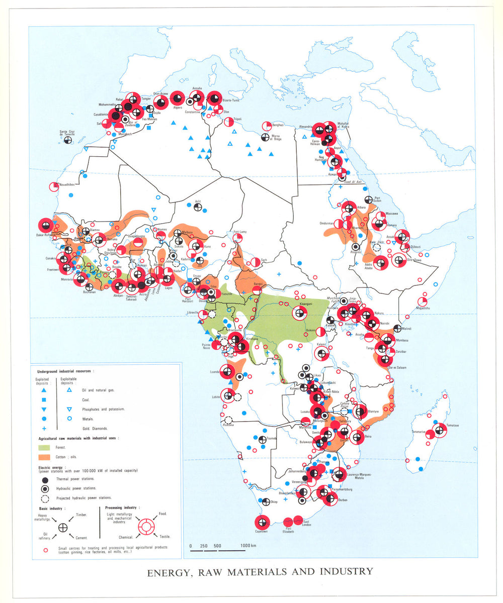 AFRICA. Energy,Raw materials and industry 1973 old vintage map plan chart