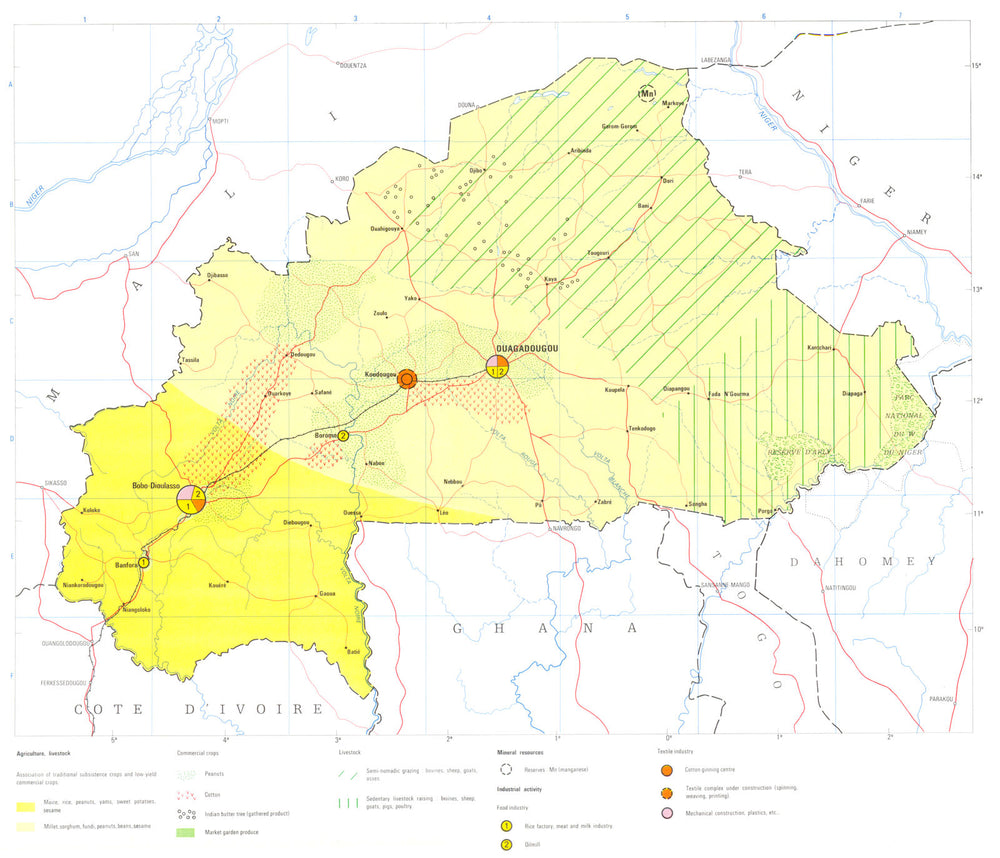 BURKINA FASO. Upper Volta; Economy industry trade farming resources 1973 map