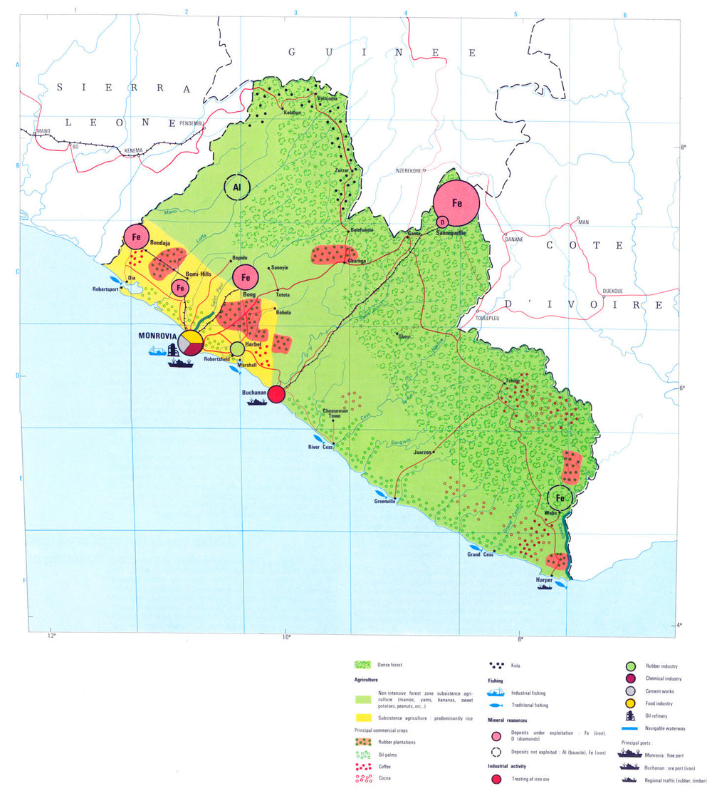 LIBERIA. Economy industry trade farming agriculture resources 1973 old map