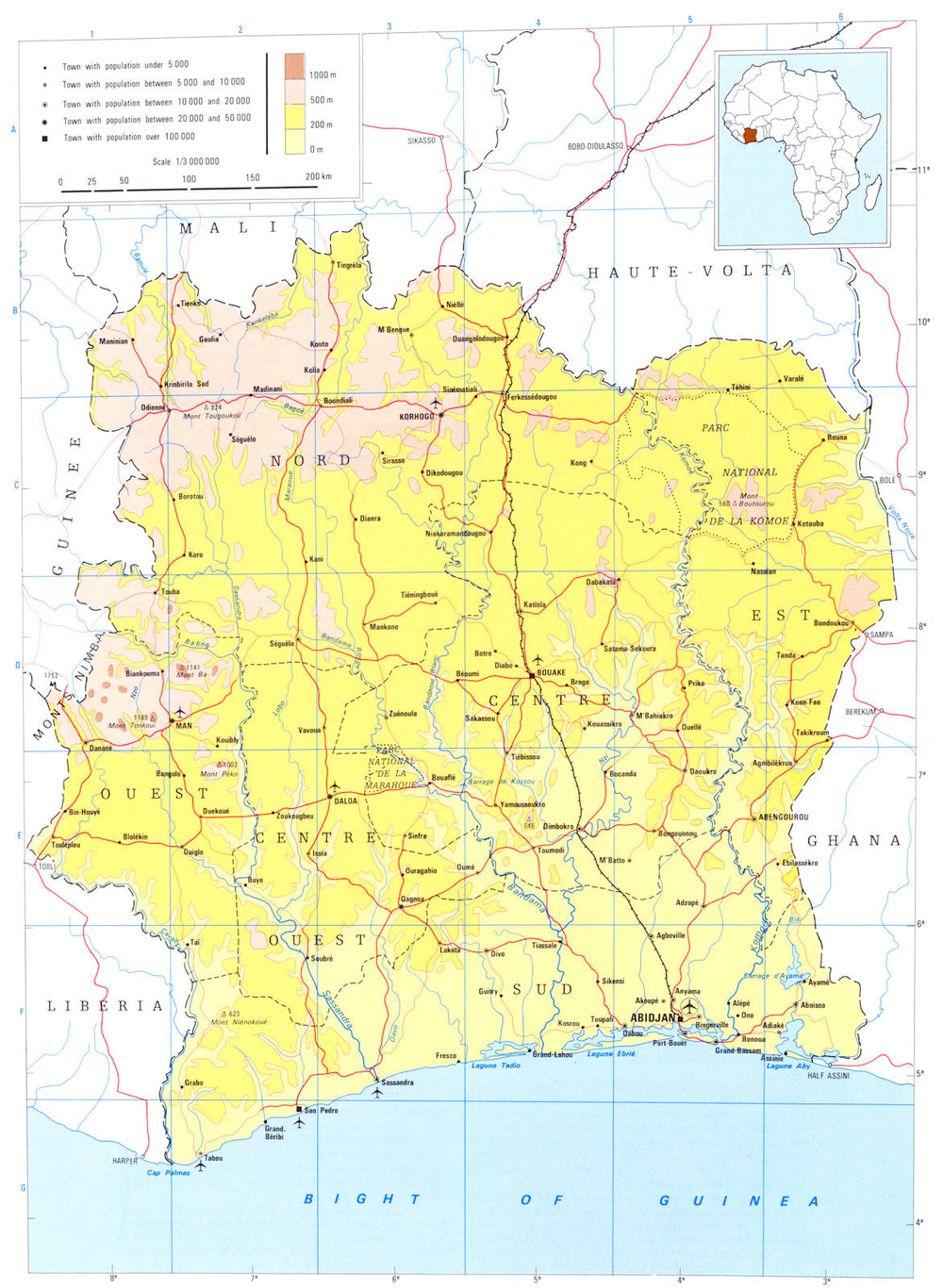 IVORY COAST. Côte d'Ivoire; Republic of Ivory Coast 1973 old vintage map chart