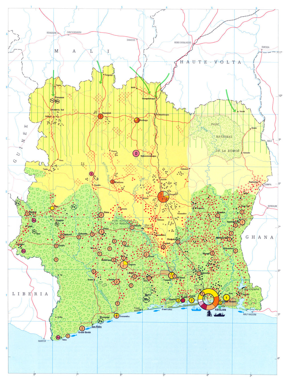 IVORY COAST.  Economy industry trade farming agriculture resources 1973 map