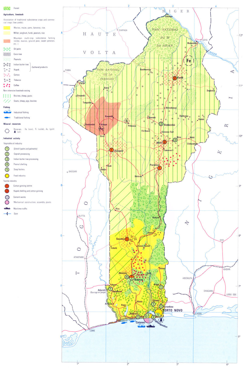 BENIN. Economy industry trade farming agriculture resources 1973 old map