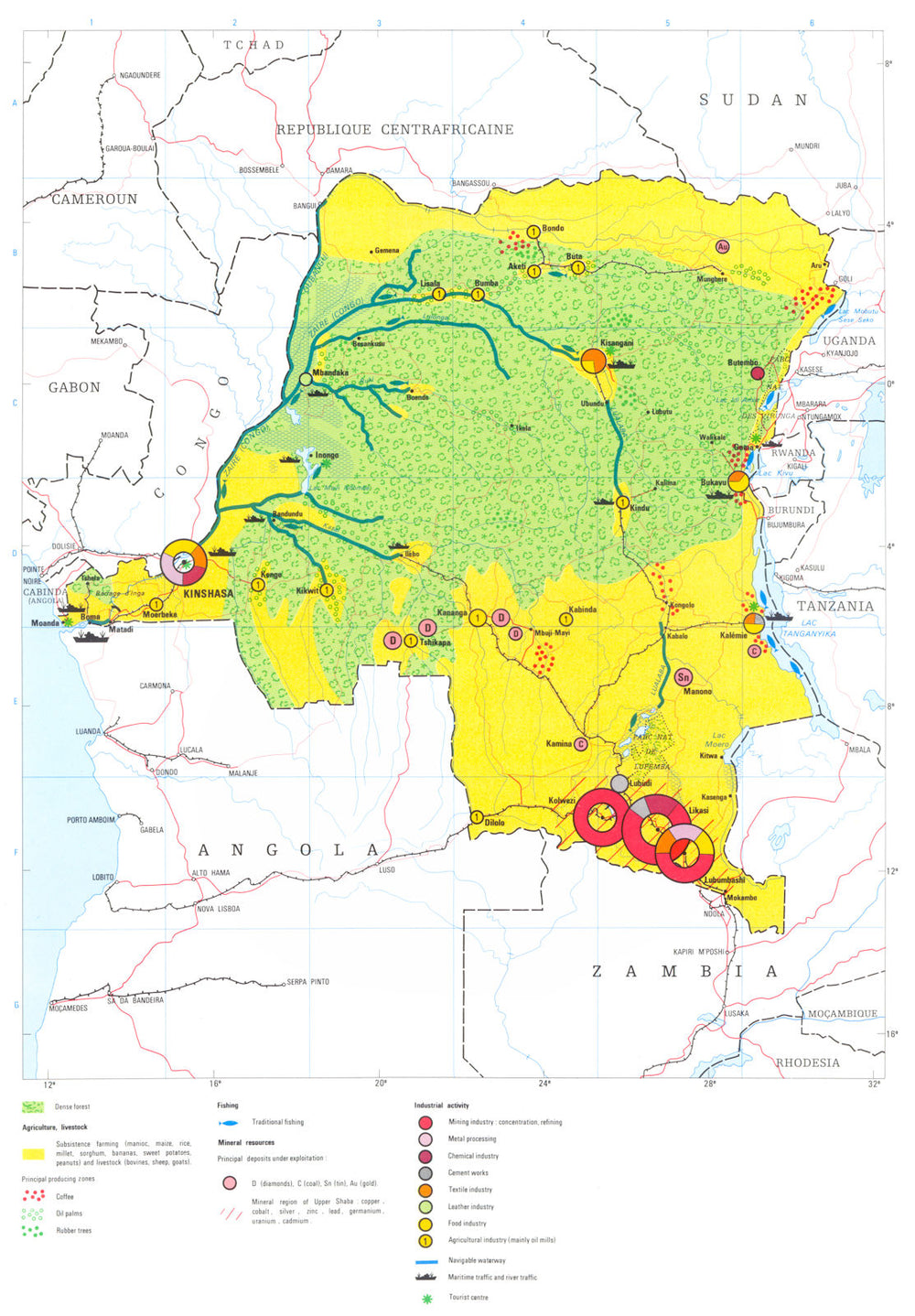 ZAIRE. DR Congo Economy industry trade farming agriculture resources 1973 map