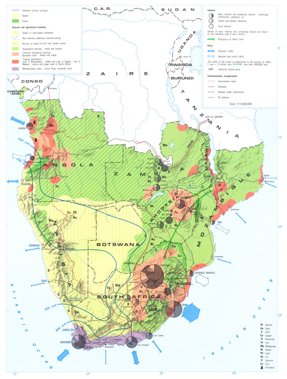 SOUTHERN AFRICA. Economy industry trade farming agriculture resources 1973 map