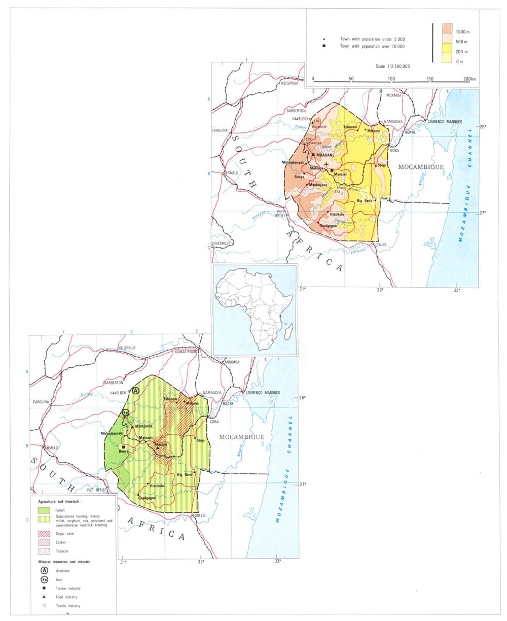 SWAZILAND. Economy industry trade farming agriculture resources 1973 old map