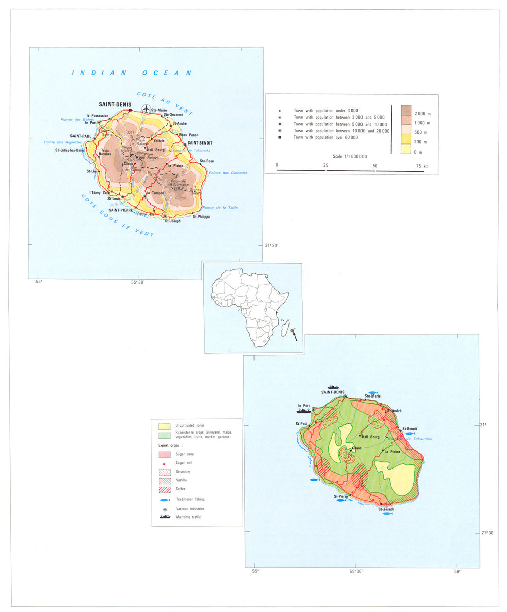 REUNION ISLAND. Economy industry trade farming agriculture resources;  1973 map