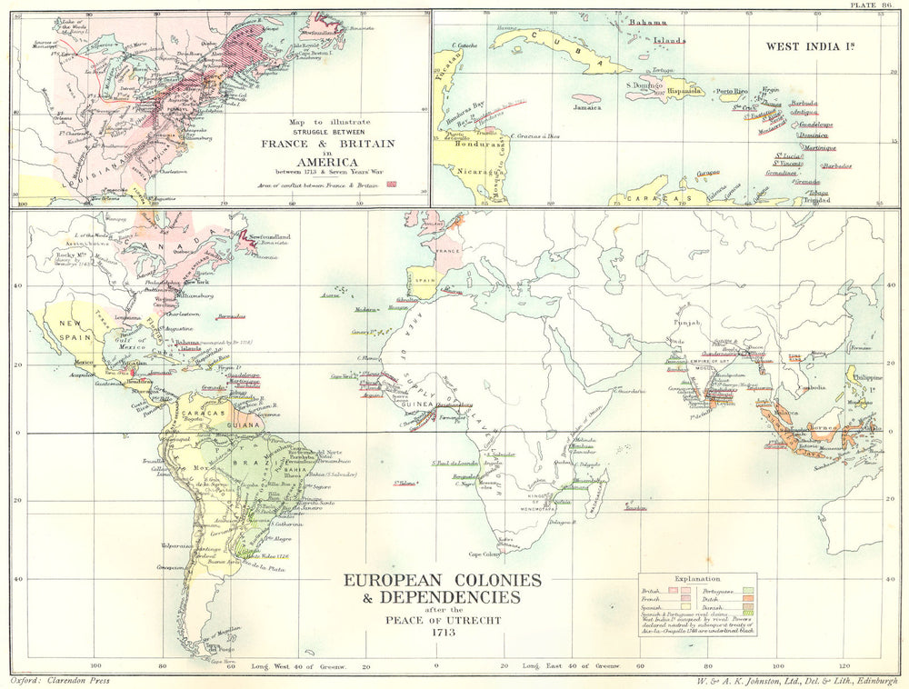 EUROPEAN COLONIES.Peace Utrecht 1713; France Britain America;W Indies 1903 map
