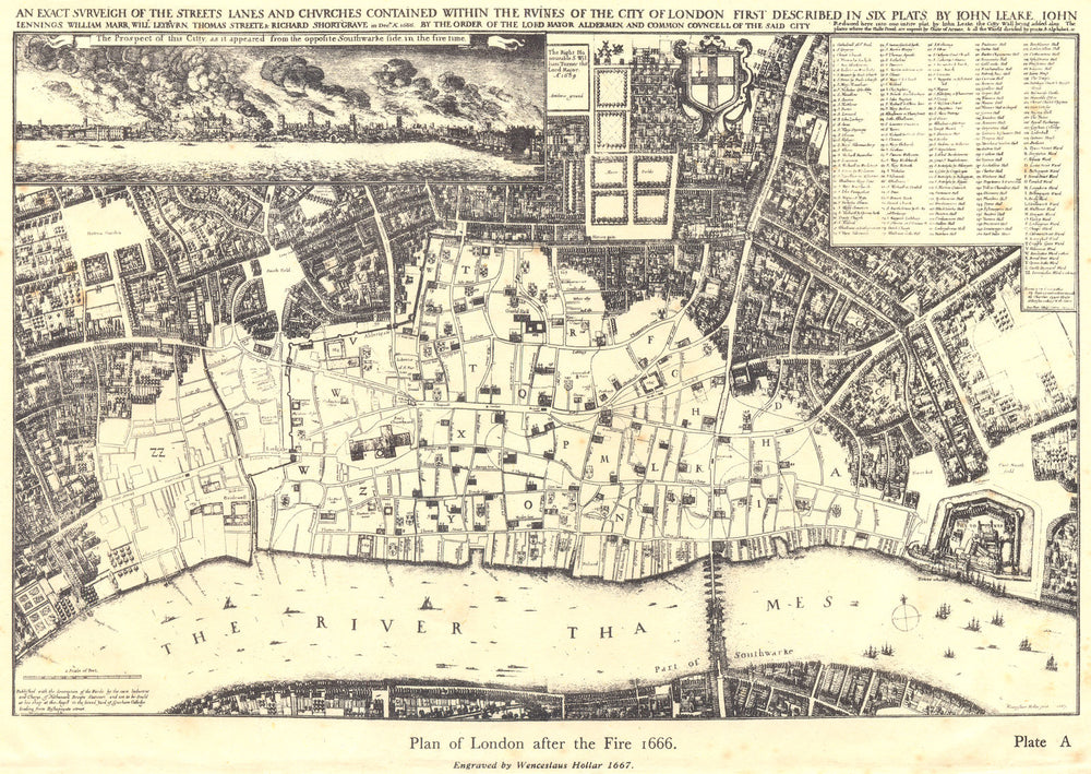 CITY OF LONDON. Plan of London after the Fire 1666. After HOLLAR 1944 old map